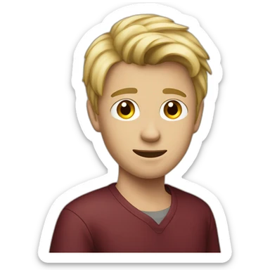 dirty blond teenage boy with maroon shirt sticker