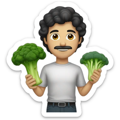 a slender mexican man with dark hair and stubble holding a broccoli sticker