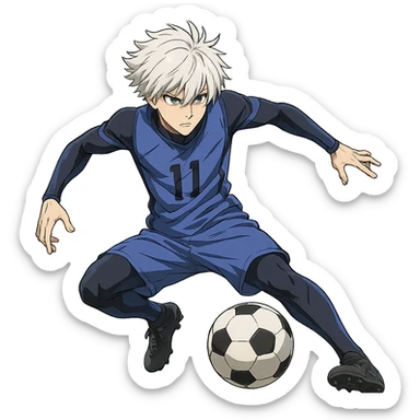 Nagi Seishiro from Blue Lock, anime style, dynamic soccer action pose, white hair, intense expression, detailed blue uniform sticker