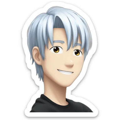 gojo satoru from jujutsu kaisen with white manga hair style, blue sky eyes and wear a black tight tshirt smiling sticker