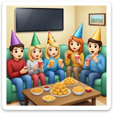 group of friends watching TV with snacks, party scene sticker