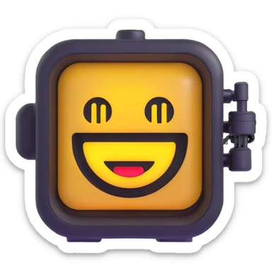 classic bank emoji with robotic features, LED lights, metallic surfaces, digital display sign sticker