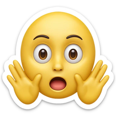 A 3D glossy yellow emoji of a shocked horrified face, with mouth and eyes are wide open, eyebrows  raised, and hands against their cheeks, face without nose, black background, high quality, soft studio lighting sticker