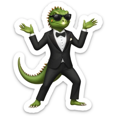 capitalist iguana banker in tuxedo and black sunglasses dancing crazy sticker