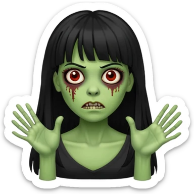 mulher zombie verde com cabelos pretos longos e franja com as mãos para frente igual um zombie sticker
