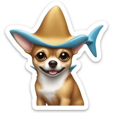 Gold-brown, fuzzy Chihuahua with an shark hat sticker