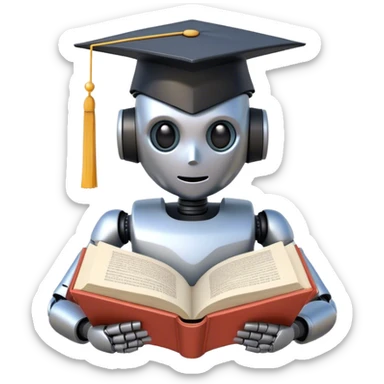 non-anthropomorphic robot reading a big book with graduation head sticker