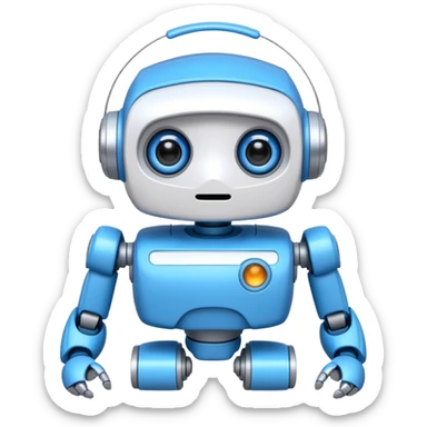 “Um robô branco e azul, com olhos digitais grandes, jeito atrapalhado e aparência muito fofa.” sticker