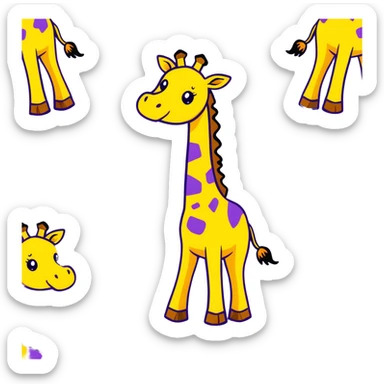 joyful cartoon giraffe dancing on hind legs, front hooves raised, big toothy smile, stars in eyes, bright yellow and brown, thick black outlines sticker