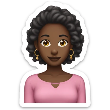 Black girl with a pink top,straight black,long hair.gold earrings,long eyelashes,brown eyes,nose ring,smiling sticker