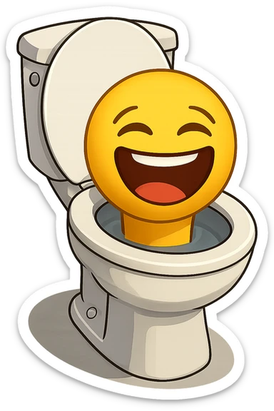 Edit the image so the head emerging from the toilet has a laughing expression with closed eyes and a wide open mouth in emoji style. Keep the background transparent. sticker