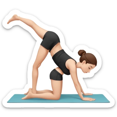 "Minimalist flat vector illustration of a woman doing yoga in forward fold pose (Uttanasana), wearing sportswear (white top and black shorts), brown hair in a bun, clean white background, no face details, elegant style" sticker