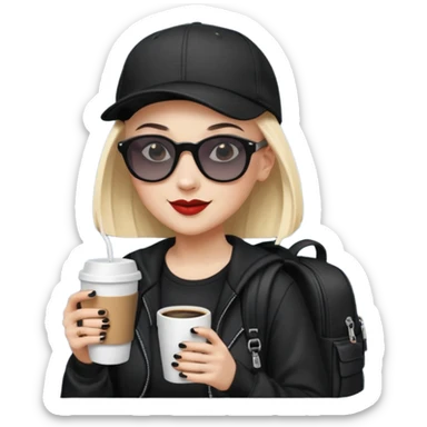 ["A happy woman with light skin, bald, wearing a baseball cap and sunglasses, dressed in goth fashion, is drinking coffee while holding a backpack."] sticker