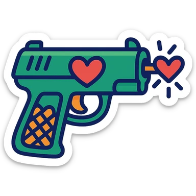 green heart pistol, vibrant toon style, bold outlines, playful look sticker