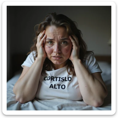 woman with PCOS and high cortisol, face with acne and chin hair, thin hair, visibly stressed expression, red eyes and dark circles, slightly overweight body, sheet with the text 'CORTISOLO ALTO' on the table, realistic home environment, hyperrealistic 4K details sticker