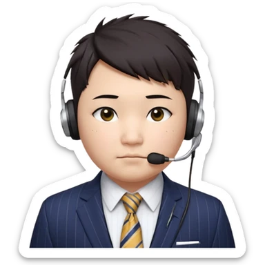 full kind of chubby face, very asian, short dark hair styled upward with a spiked swoop in front, a clean-shaven face, focused eyes, and a slim headset over one ear, wearing a dark pinstripe suit with a patterned dress shirt and a bright solid-colored tie visible from the chest up. sticker
