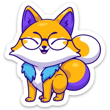 A magical fox with shimmering purple and blue fur, a glowing tail, a silver star on its forehead, and round glasses, laughing so hard that tears are streaming from its eyes sticker