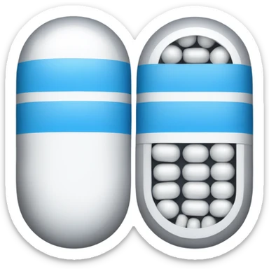 A capsule-shaped pill: one half is blue, and the other half is white. sticker