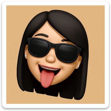 Create a 3D cartoon style memoji of a girl with black hair, wearing dark sunglasses, with a fun expression. Clone the style of the reference image, maintaining the 3D memoji cartoon look and playful vibe. sticker