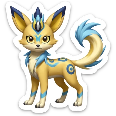 Feral Lightning-patterned Zig-zagged buzzy fuzzy Meloetta-Renamon-Zeraora-Luxray-Cobalion-Suicune-Vernid-fusion-hybrid-creature, full body  sticker