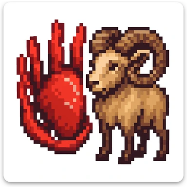Edit the image to make the claw symbol red and add a ram in pixel art style. Remove the background. The style should be pixel art with pixelated details and colors. sticker