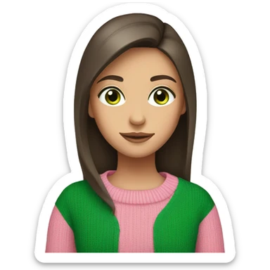 Brunette girl with long hair and green eyes in a pink sweater sticker