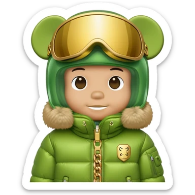 bearbrick with lime balaclava and logo tags, wearing large mirrored monolens ski visor shield covering entire upper face like sports goggles, puffy jacket with fur trim, gold chains sticker