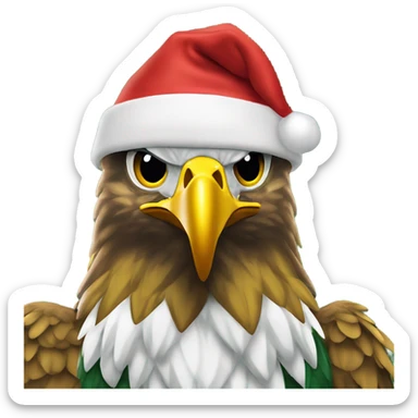 the state university of new york college at brockport's mascot Ellsworth the golden eagle, green beak, in front of a christmas tree sticker