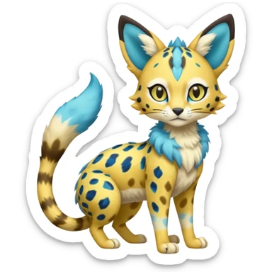 Colorful Yellow Meloetta-Sergal-Serval-Genet-Pokémon-Digimon-Fakémon-fusion-hybrid-creature with Cyan stripes and blue leopard-spot-markings  sticker