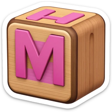 A rounded toy block with the pink letter "M" on it sticker
