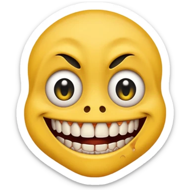 Yellow face emoji with only two teeth white and the rest of the teeth black and rotten, scars on the face and eyes wide with black pupils sticker