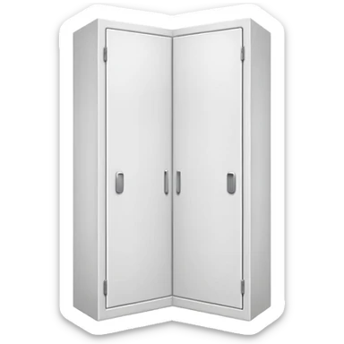 Simple L-shaped corner closet made of smooth white PVC, emoji-style. Two plain doors, one on each side, opening outward like a book from the corner.  sticker
