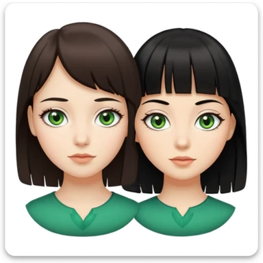 Une fille brune avec tes yeux verts et une peau claire et à côté une fille plus grande avec des cheveux noirs et une frange une pommade des yeux noirs en amande sticker