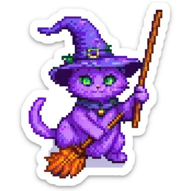 Make the purple witch cat with broom fly in pixel art style with no background, transparent background. sticker