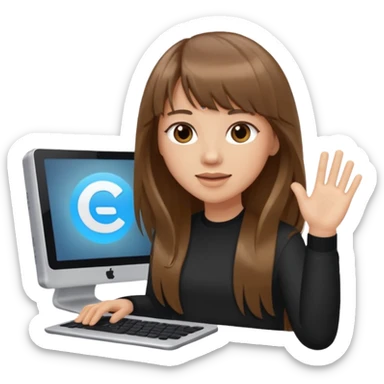 a designer with light skin long brown hair bangs waving with computer, no glasses sticker