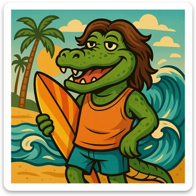Transform the gangster alligator cartoon into a surfer beach bum with brown hair and a relaxed vibe. Add beach elements like a surfboard or waves around him, keeping the cartoon style consistent and fun. sticker