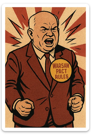 Soviet leader Khrushchev looking aggressive clenching his fists by his side wearing a large badge which says 'Warsaw Pact Rules' sticker