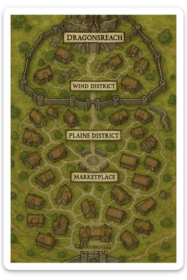 A vertical overhead map of the town of whiterun from skyrim sticker