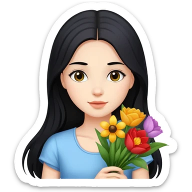 beautiful girl with long black hair holding a bouquet of flowers sticker