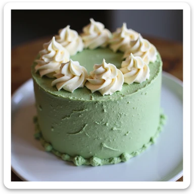 realistic round cake with matcha frosting and white chocolate curls, photorealistic style sticker