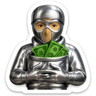 Edit the image to have a light tan face and green money, keep everything else in chrome 3D metallic style, no background. sticker