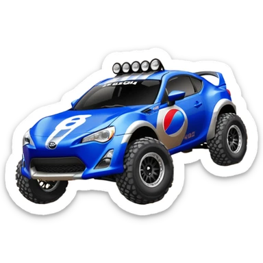 Dirty raced jacked 2013 scion fr-s ultramarine off road 4wd monster Baja dessert stadium racer number 86 with long travel suspension, shiny silver wheels, exaggerated black fender flares sponsored by Pepsi  sticker