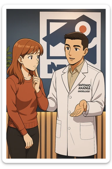 su questo stile fai un manga/webtoon a colori in cui una donna SI TOCCA IL MENTO CON L'INDICE MENTRE ASCOLTA PENSIEROSA L'UOMO, l'uomo della foto in stile manga LE SPIEGA CHE DEVE PROVARE LA SUA VALUTAZIONE MEDICA, mantieni un ambiente simile alla foto che ho allegato con il suo logo (sarebbe il suo studio, lui è un kinesiologo), scrivigli "ANTONIO ANANIA" sul camice bianco, non mettere fumetti, ma fai in modo che sembri che la donna ASCOLTI l'uomo sticker