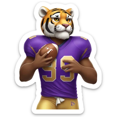 tiger wearing a purple/gold jersey holding a football sticker