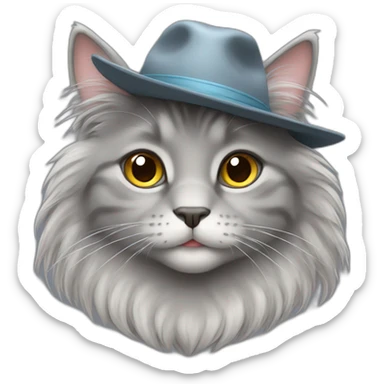 cute 2 years old gray cat with long hair and a hat sticker