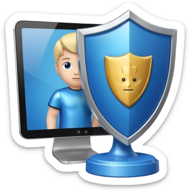 a computer screen with a shield and a child's figurine sticker