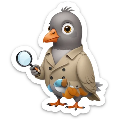 a cartoon pigeon with a trench coat and magnifying glass, looking sneaky sticker