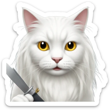 Evil long haired white cat holding knife sticker