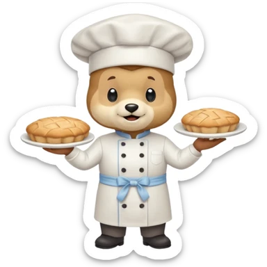 quiero un oso de pie con un delantal de pastelería y un gorrito de chef que una mano tenga una manga pastelera y este feliz divertido sticker