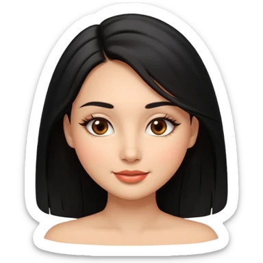 Feminine woman Softly rounded, healthy face — slightly curvy and feminine, not overweight.
Warm tan skin, brown eyes with long lashes, full glossy lips, gentle smile.
Shoulder-length black hair framing the face.
Clean, polished emoji look, soft shading, neutral background. sticker